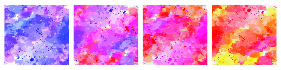 Set of colorful watercolor backgrounds. Vector illustration. Blue, purple, red, yellow spots and splatters fill the backgrounds.