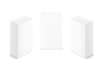 Naklejka premium Realistic cardboard boxes mockup set. Front and perspective views. Vector illustration isolated on white background. Can be use for food, medicine, cosmetic and etc. Ready for your design. EPS10. 