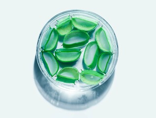 Aloe slices on Petri dish. Aloe cosmetic cream gel swath.