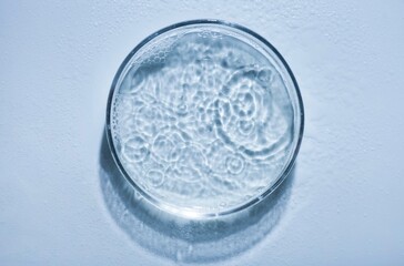 Blue cosmetic liquid on Petri dish. Tonic or toner gel swath serum. Mockup