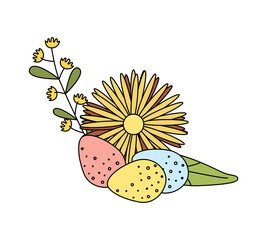 Spring Easter illustration, floral composition with eggs