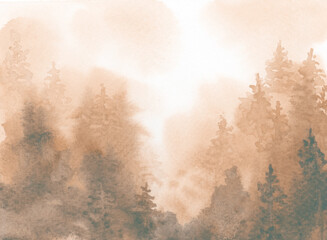 Fur and pine tree forest in fog. Abstract watercolor and acrylic flow blot smear painting.
