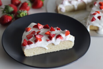 Slices of fresh cream strawberry cake. Sponge cake with Strawberry and fresh cream as toppings
