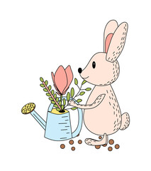 Spring Easter illustration, bunny with watering cane