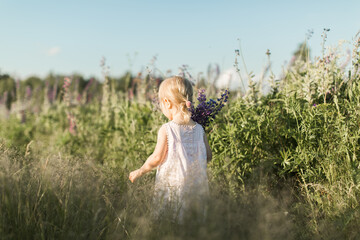 Fototapeta na wymiar a child walks in a field with a bouquet of flowers