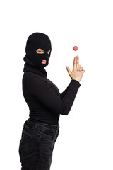 Portrait of young anonymous person wearing black outfit and balaclava isolated on white background....