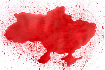 Map of Ukraine from red paint on white background. Russian invasion of a sovereign country. Concept...