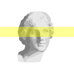 3D portrait of the ancient Greek sculpture of Venus de Milo on a white isolated background with a transparent yellow stripe at the eyes. Great for postcard, textile, logo, badge, avatar. - 491047161