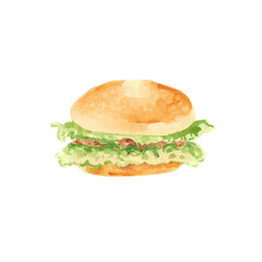 watercolor drawing of fast food. Hamburger with lettuce. on a white background.