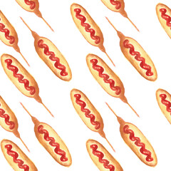 watercolor drawing fried sausage in dough on a white background. Seamless pattern.