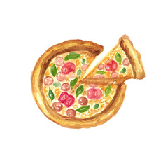 watercolor drawing of fast food. pizza with tomatoes and herbs, sausage on a white background.
