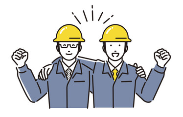 肩を組んでガッツポーズをするヘルメットをつけた作業着の男性