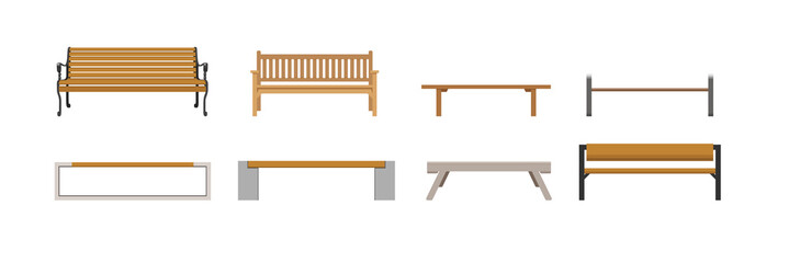 Set of wooden benches from different form on white background. Vector benches for summer city park in flat style.