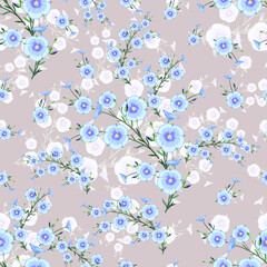 Floral arrangement of flax flowers and buds  from the stem and leaves on grey background, floral print for textile, seamless pattern, EPS 10 vector