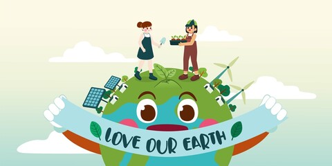Fototapeta premium Young Woman Planting Tree, Love Our Earth Concept, Clean Energy Town, Vector, Illustration