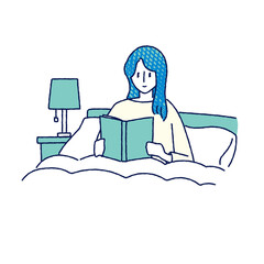 ベッドで本を読む女性　イラスト　手描き	