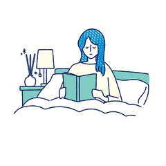 ベッドで本を読む女性　アロマディフューザー　イラスト　手描き	 - obrazy, fototapety, plakaty