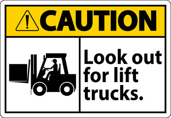 Caution Look Out For Lift Trucks Sign On White Background