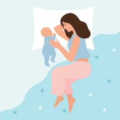 Mother and newborn baby sleeping together,mommy and infant lying in bed.Concept  of breastfeeding, care and relaxation. Mothers day and parenting. Vector illustration