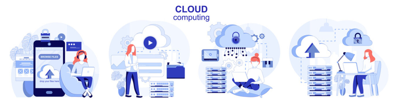 Cloud computing isolated set in flat design. People upload files, storage and processing data collection of scenes. Vector illustration for blogging, website, mobile app, promotional materials.