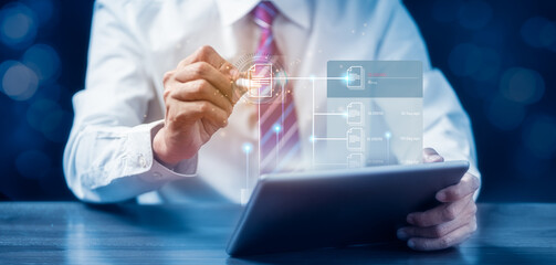 Businessman searches and manages corporate and business processing files with online documentation database. Document management System