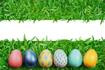 Top view easter eggs painted is on real green grass with white area for text space easter background concept 3d rendering