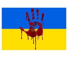 bloody Hand Print on Ukrainian flag - obrazy, fototapety, plakaty