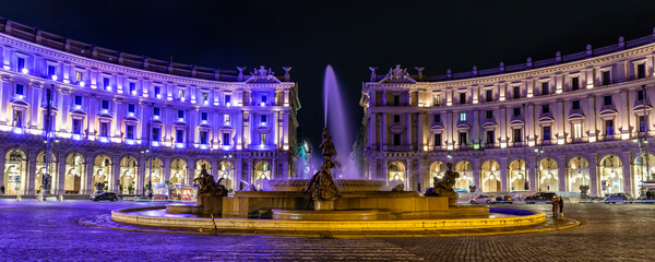 Water fountain in Piazza della Repubblica, Rome, Italy at night