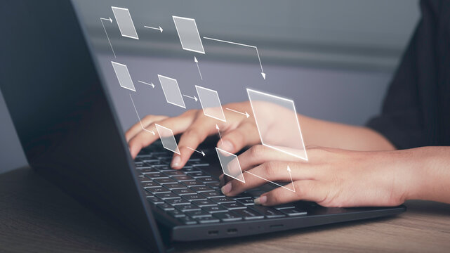 Business flowchart diagram and workflow automation in mindmap or organigram on virtual screen. A businessman is using a laptop to come up with a new project with an empty text box for your text.