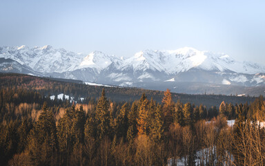 Zimowy widok z przełęczy nad Łapszanką na Tatry  Wysokie i Podhale. 