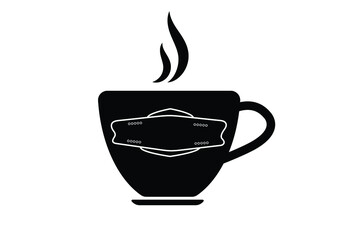 A black coffee mug with a saucer with a picture of a white mask on the front.