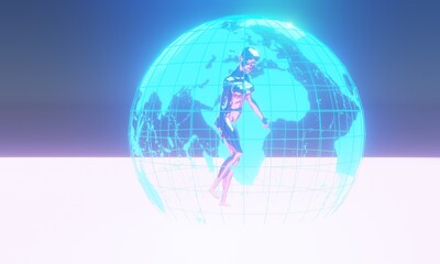3d illustration of a metallic woman in neon.