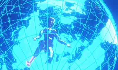 3d illustration of a metallic woman in neon.