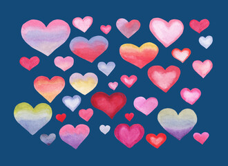 Watercolor drawing of multicolored hearts on a blue background.