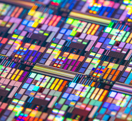 Macro of silicon wafer semiconductor with neon color, integrated circuits to manufacture CPU and GPU - obrazy, fototapety, plakaty