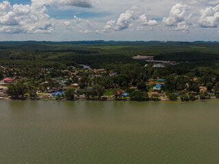 Fototapeta premium Aerial drone view of seascape from high angle view in Kampung Johor Lama, Johor, Malaysia.