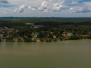 Fototapeta premium Aerial drone view of seascape from high angle view in Kampung Johor Lama, Johor, Malaysia.