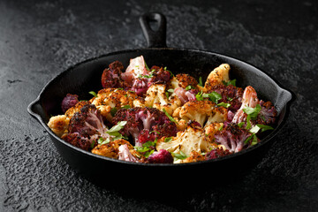 Roasted purple, white cauliflower with herbs on cast iron pan