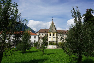 Fototapeta na wymiar historischer Obstgarten mit Gebäuden vom Kloster Neustift, Brixen, Südtirol im Hintergrund
