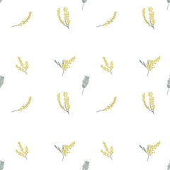 小さなミモザの花と葉　シームレスパターン　背景白