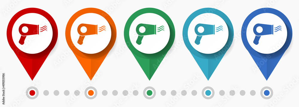 Poster Hair dryer concept vector icon set, flat design styling pointers, infographic template easy to edit