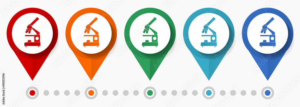 Poster microscope, science concept vector icon set, flat design laboratory pointers, infographic template e