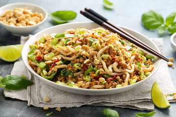 Pork, peanut udon noodles with pak choi, mangetout and red chili. Asian food