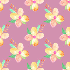 Watercolor seamless pattern with hand painted flower elements. Cute gentle background design for fabric, textile, home decor, wrapping paper, etc.