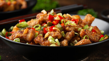 Stir fry salt and pepper pork loin with herbs in black bowl. Asian food - obrazy, fototapety, plakaty