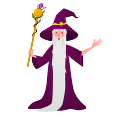 Cartoon wizard. A magical character with a long gray beard and a hat. An old man with magic staff isolated on a white background.