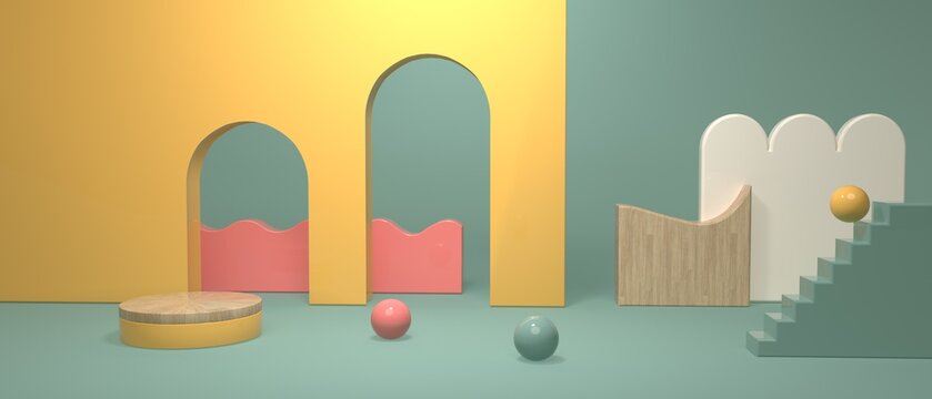 Abstract 3D render illustration of minimal doorways and staircases