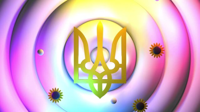 3d render Ukrainian coat of arms Tryzub on colorful background, rotating elements around it, seamless loop, 4k. Symbol of freedom in Ukraine