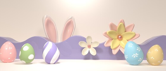 Obraz na płótnie Canvas Easter holiday theme with decorations and rabbit ears - 3d render