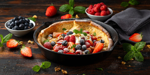 Dutch baby pancake with berries and icing sugar in a iron cast pan. Morning breakfast